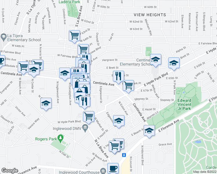 map of restaurants, bars, coffee shops, grocery stores, and more near 305 East Plymouth Street in Inglewood