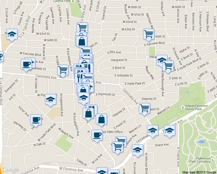 map of restaurants, bars, coffee shops, grocery stores, and more near 305 East Plymouth Street in Inglewood