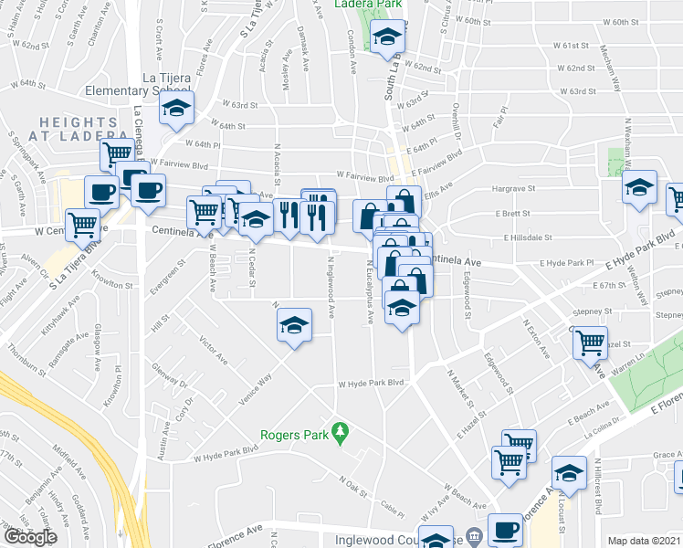 map of restaurants, bars, coffee shops, grocery stores, and more near 221 West Plymouth Street in Inglewood