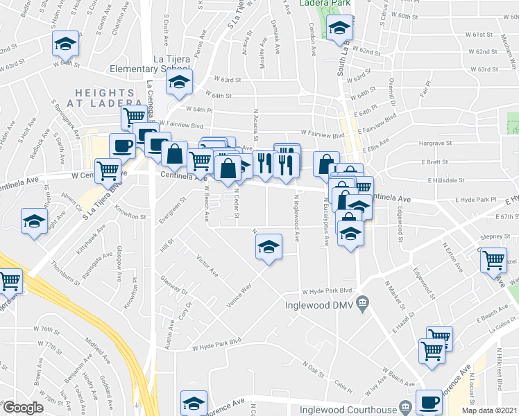 map of restaurants, bars, coffee shops, grocery stores, and more near 915 Enterprise Avenue in Inglewood