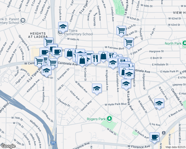 map of restaurants, bars, coffee shops, grocery stores, and more near 915 Enterprise Avenue in Inglewood