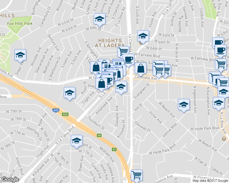 map of restaurants, bars, coffee shops, grocery stores, and more near 6921 Kittyhawk Avenue in Los Angeles