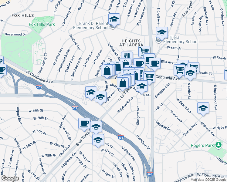 map of restaurants, bars, coffee shops, grocery stores, and more near 7022 Flight Avenue in Los Angeles