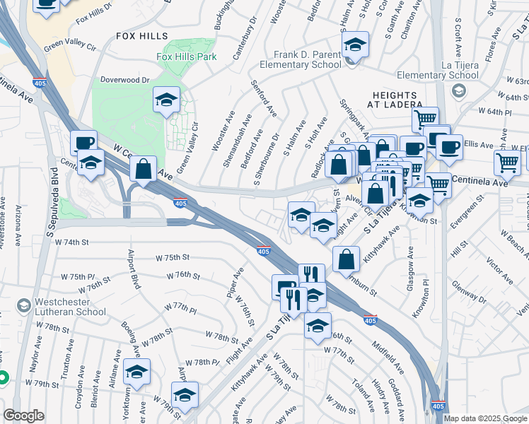 map of restaurants, bars, coffee shops, grocery stores, and more near 5770 West Centinela Avenue in Los Angeles