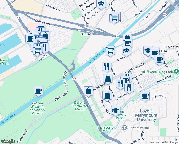 map of restaurants, bars, coffee shops, grocery stores, and more near 5399-E Playa Vista Drive in Los Angeles
