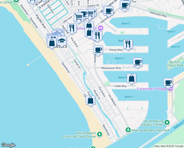 map of restaurants, bars, coffee shops, grocery stores, and more near 4051 Via Dolce in Marina del Rey