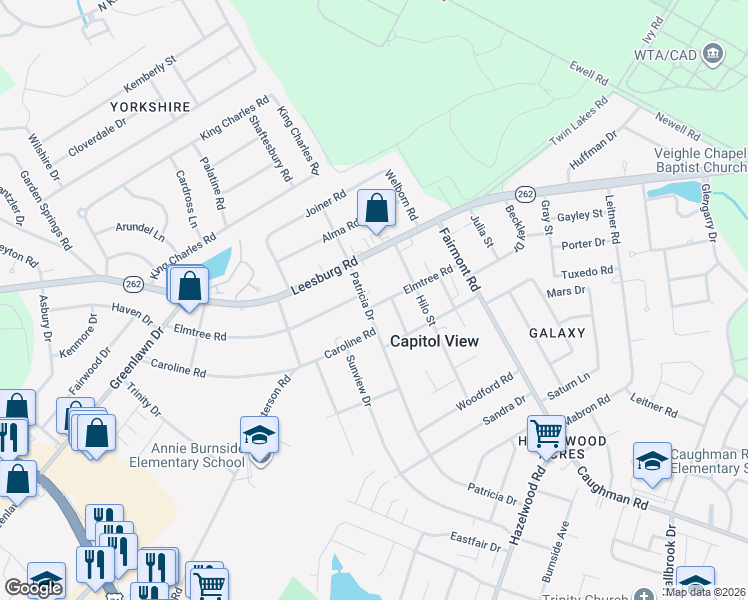 map of restaurants, bars, coffee shops, grocery stores, and more near 7117 Patricia Drive in Columbia