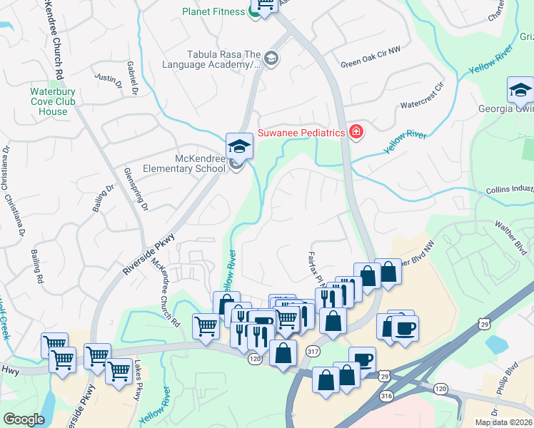 map of restaurants, bars, coffee shops, grocery stores, and more near 915 River Overlook Drive Northwest in Lawrenceville
