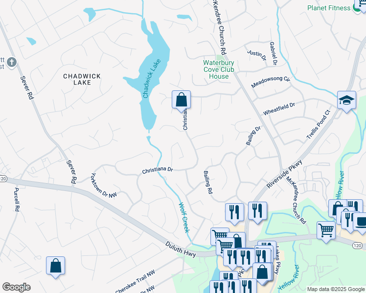 map of restaurants, bars, coffee shops, grocery stores, and more near 1490 Walnut Hill Circle in Lawrenceville