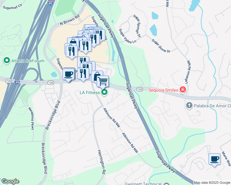 map of restaurants, bars, coffee shops, grocery stores, and more near 1850 Duluth Highway in Lawrenceville