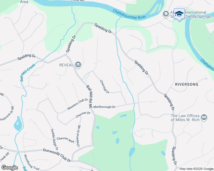 map of restaurants, bars, coffee shops, grocery stores, and more near 150 Churchill Drive in Atlanta