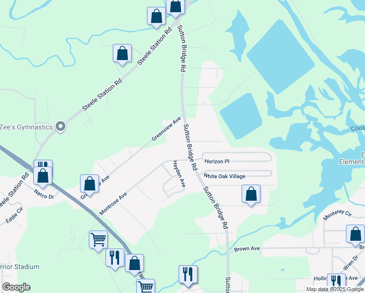 map of restaurants, bars, coffee shops, grocery stores, and more near 1375 Sutton Bridge Road in Rainbow City