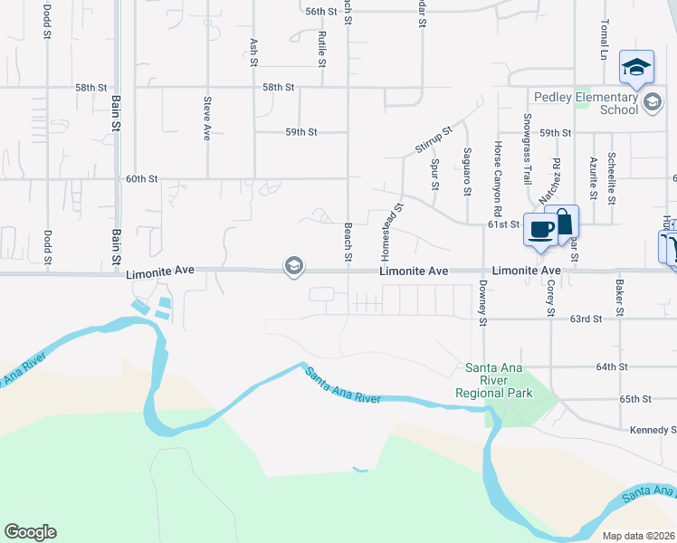 map of restaurants, bars, coffee shops, grocery stores, and more near 9962 Limonite Avenue in Riverside