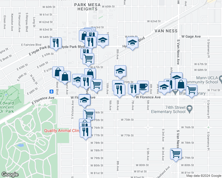map of restaurants, bars, coffee shops, grocery stores, and more near 3126 West 71st Street in Los Angeles