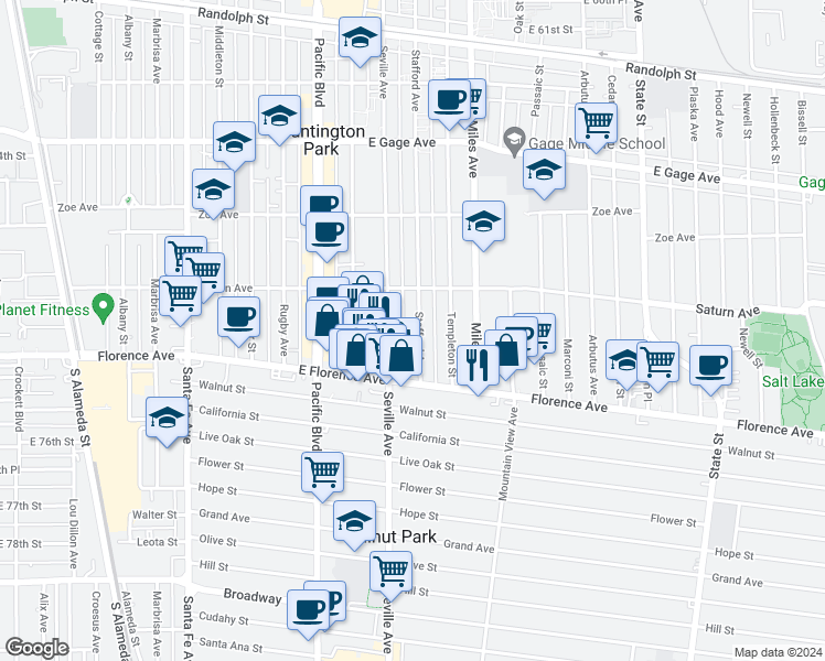 map of restaurants, bars, coffee shops, grocery stores, and more near 7029 Stafford Avenue in Huntington Park