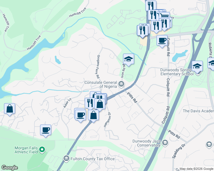 map of restaurants, bars, coffee shops, grocery stores, and more near 105 Brantley Road in Atlanta