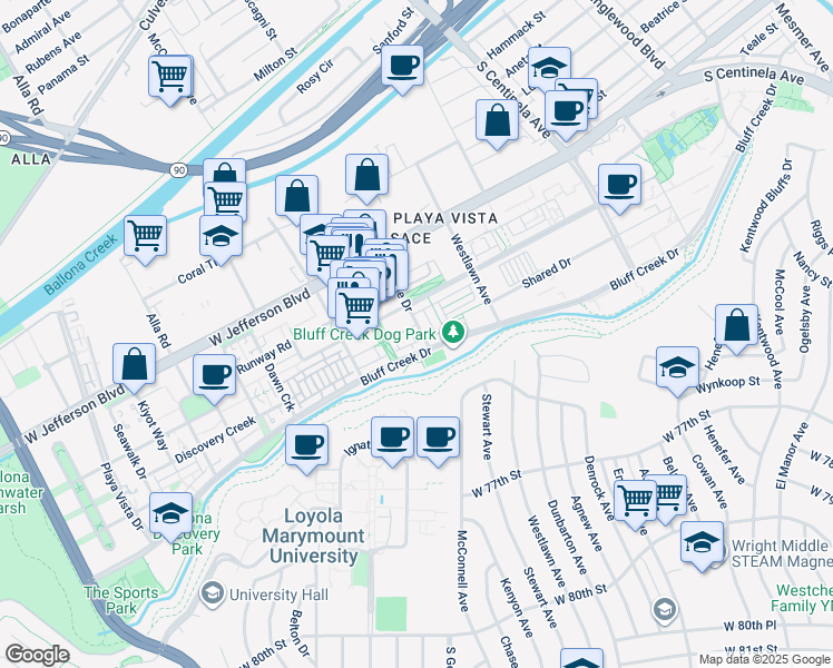 map of restaurants, bars, coffee shops, grocery stores, and more near 5837 Village Drive in Los Angeles