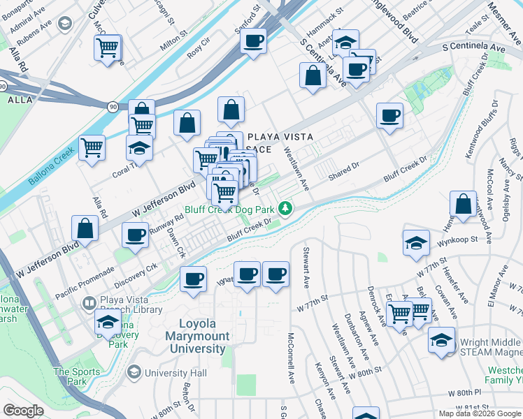 map of restaurants, bars, coffee shops, grocery stores, and more near 5837 Village Drive in Los Angeles