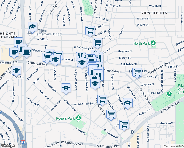 map of restaurants, bars, coffee shops, grocery stores, and more near 914 North Eucalyptus Avenue in Inglewood