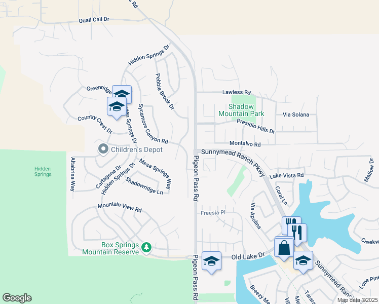 map of restaurants, bars, coffee shops, grocery stores, and more near 10028 Sycamore Canyon Road in Moreno Valley