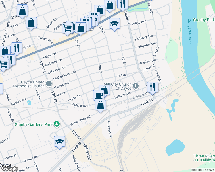 map of restaurants, bars, coffee shops, grocery stores, and more near 815 Lexington Avenue in Cayce