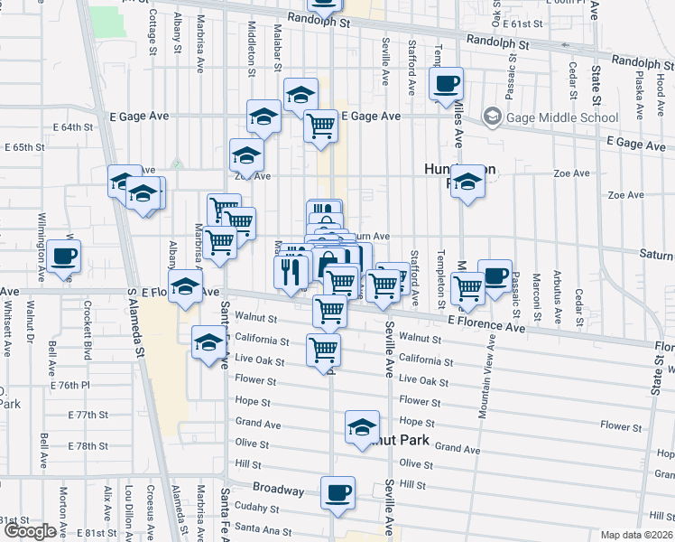 map of restaurants, bars, coffee shops, grocery stores, and more near 7028 Pacific Boulevard in Huntington Park
