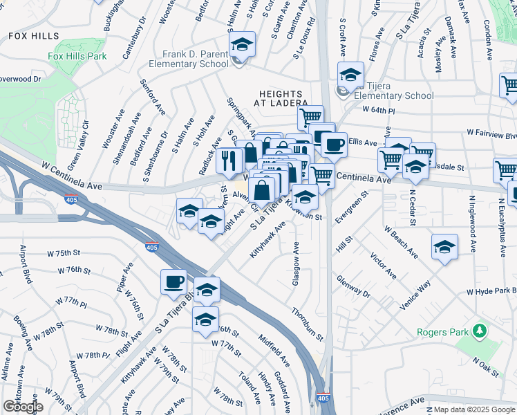 map of restaurants, bars, coffee shops, grocery stores, and more near 6946 1/2 La Tijera Boulevard in Los Angeles