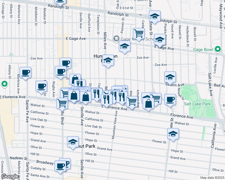 map of restaurants, bars, coffee shops, grocery stores, and more near 7025 Mountain View Avenue in Huntington Park