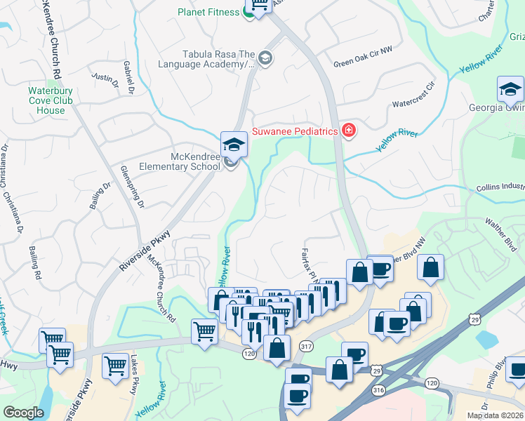 map of restaurants, bars, coffee shops, grocery stores, and more near 915 River Overlook Drive Northwest in Lawrenceville