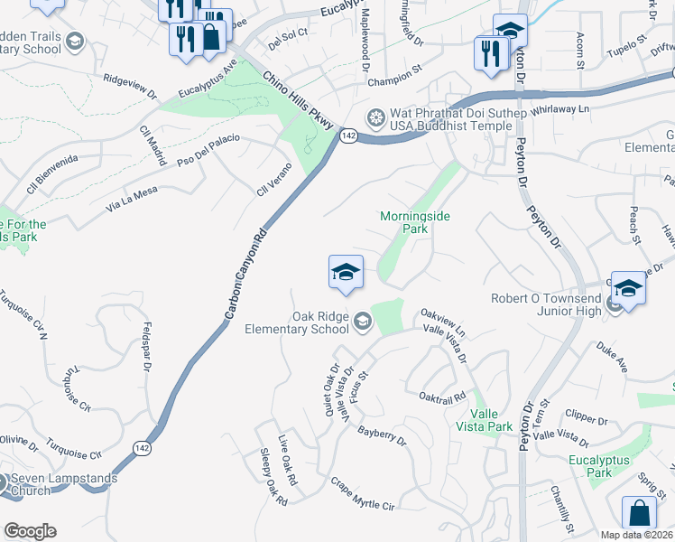map of restaurants, bars, coffee shops, grocery stores, and more near 3027 Spyglass Court in Chino Hills