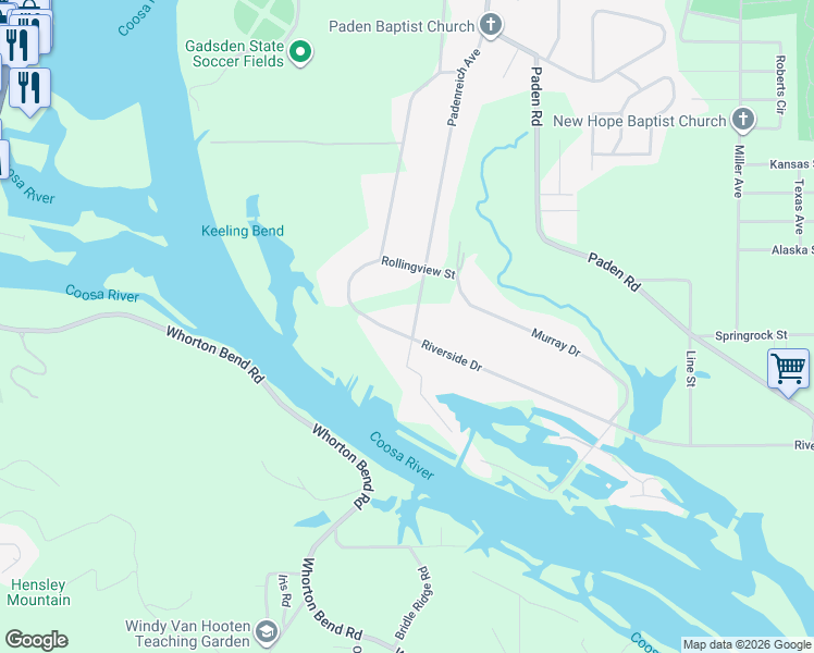 map of restaurants, bars, coffee shops, grocery stores, and more near 508 Riverside Drive in Gadsden
