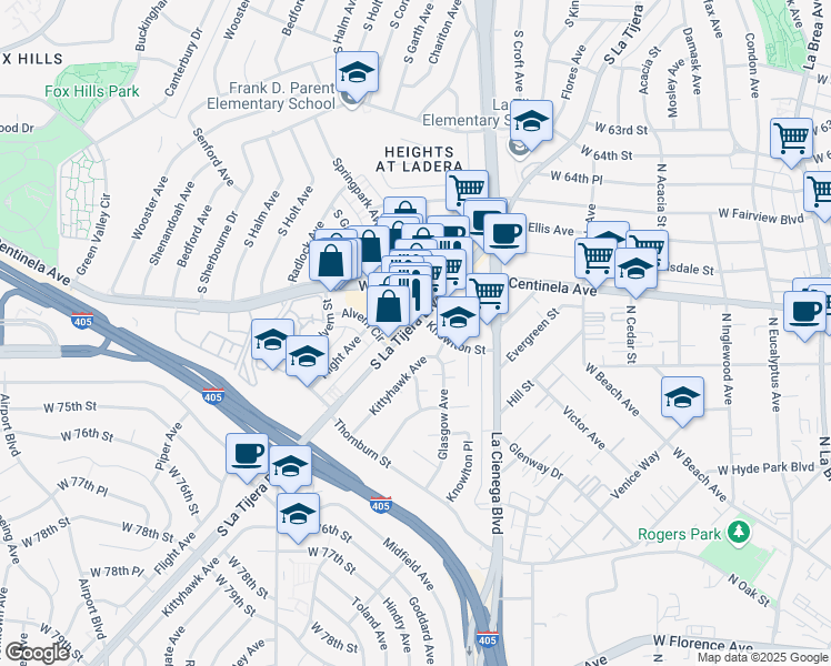 map of restaurants, bars, coffee shops, grocery stores, and more near 6904 La Tijera Boulevard in Los Angeles