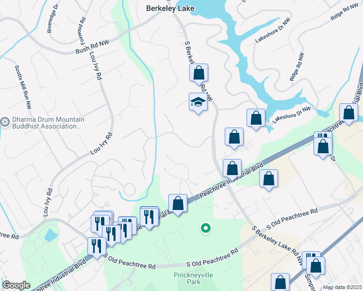 map of restaurants, bars, coffee shops, grocery stores, and more near 3385 Commons Gate Bend in Norcross