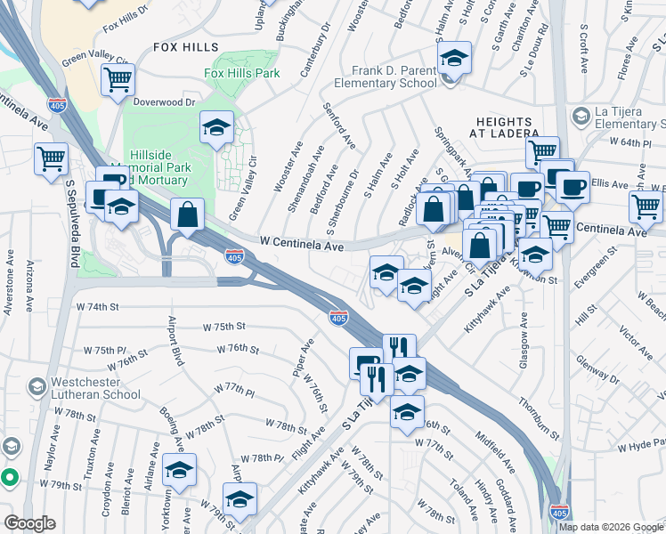 map of restaurants, bars, coffee shops, grocery stores, and more near 5700 West Centinela Avenue in Los Angeles