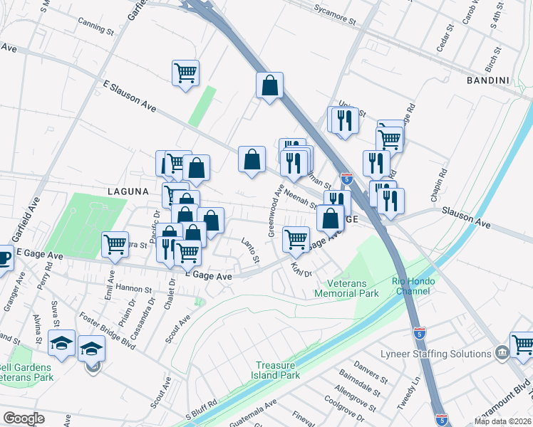 map of restaurants, bars, coffee shops, grocery stores, and more near 5907 Greenwood Avenue in Commerce