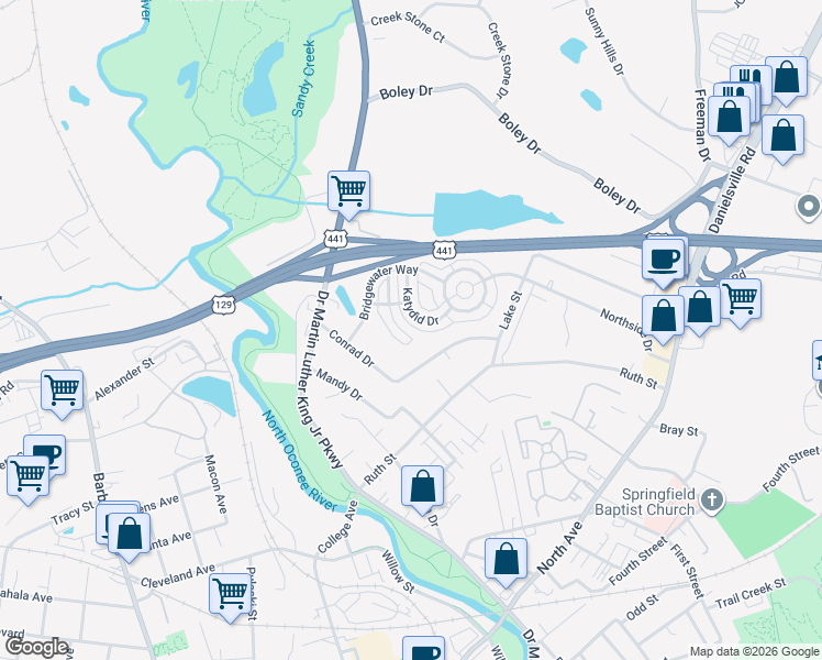 map of restaurants, bars, coffee shops, grocery stores, and more near 325 Conrad Drive in Athens