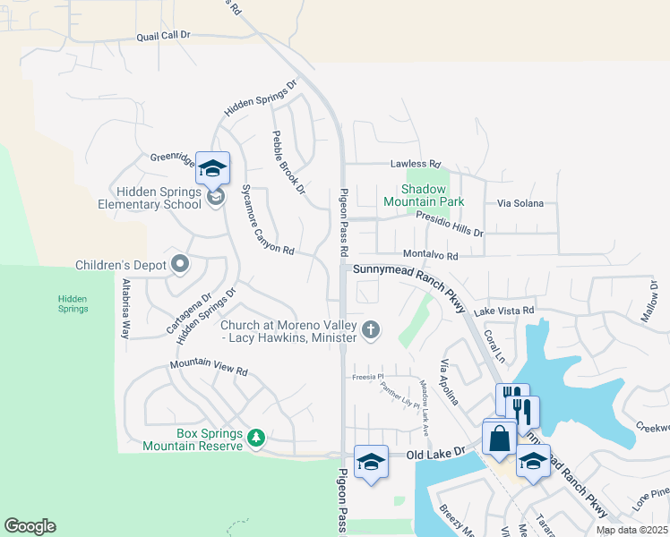 map of restaurants, bars, coffee shops, grocery stores, and more near 10028 Sycamore Canyon Road in Moreno Valley
