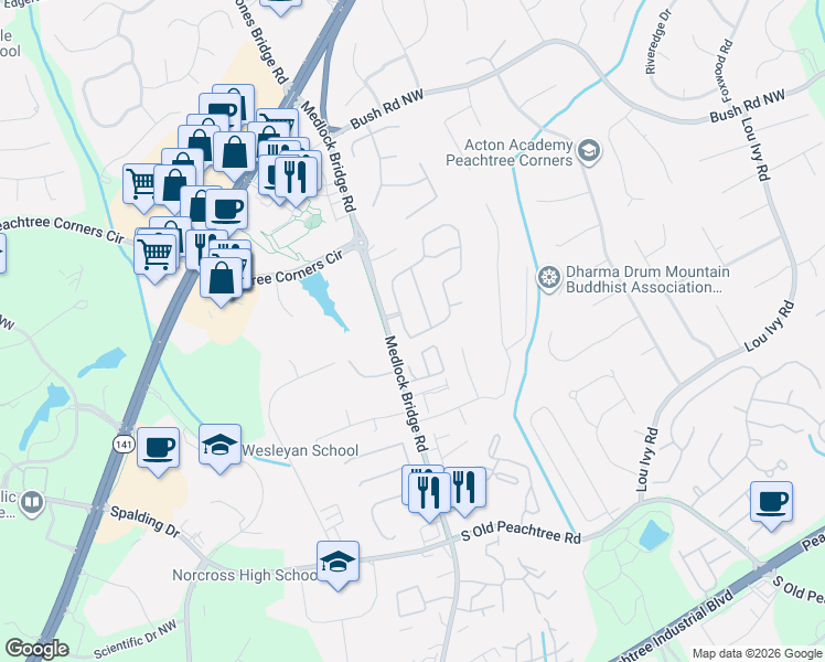 map of restaurants, bars, coffee shops, grocery stores, and more near 3459 Lockmed Drive Northwest in Peachtree Corners