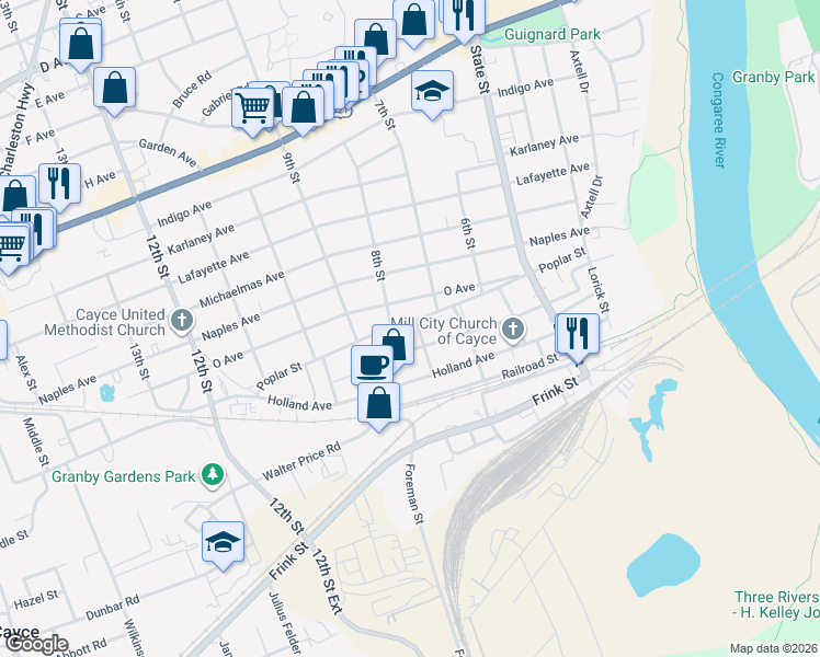 map of restaurants, bars, coffee shops, grocery stores, and more near 815 Lexington Avenue in Cayce