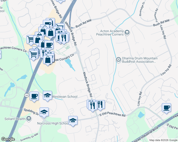 map of restaurants, bars, coffee shops, grocery stores, and more near 3459 Lockmed Drive Northwest in Peachtree Corners