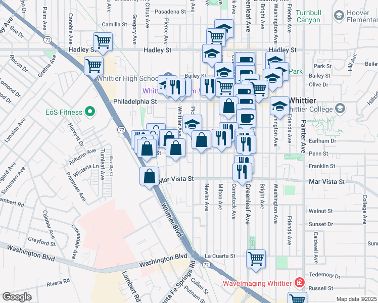 map of restaurants, bars, coffee shops, grocery stores, and more near 7259 Pickering Avenue in Whittier