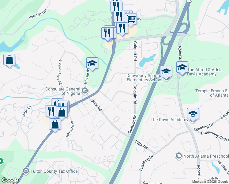 map of restaurants, bars, coffee shops, grocery stores, and more near 530 Calaveras Drive Northeast in Atlanta