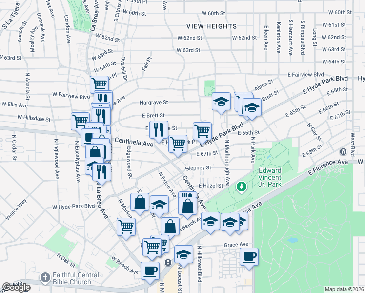 map of restaurants, bars, coffee shops, grocery stores, and more near 540 East Hyde Park Place in Inglewood