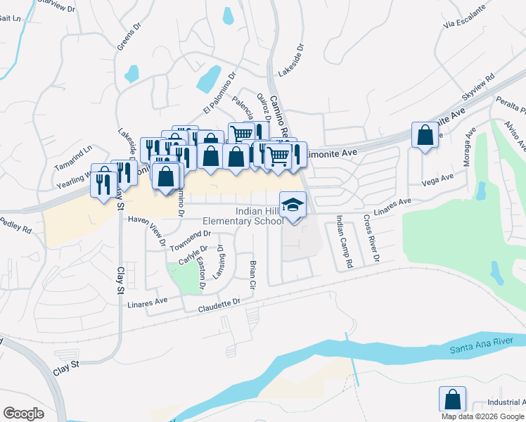 map of restaurants, bars, coffee shops, grocery stores, and more near 6230 Thunder Bay Trail in Riverside