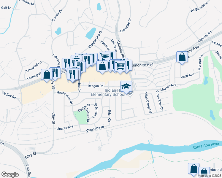 map of restaurants, bars, coffee shops, grocery stores, and more near 7848 Linares Avenue in Riverside