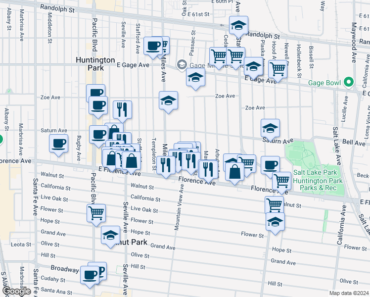 map of restaurants, bars, coffee shops, grocery stores, and more near 7025 Mountain View Avenue in Huntington Park