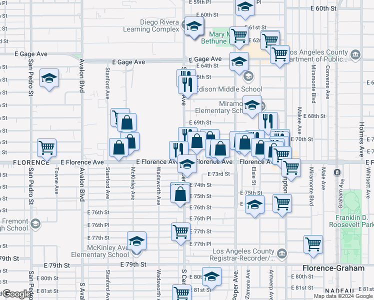 map of restaurants, bars, coffee shops, grocery stores, and more near 1131 East Florence Avenue in Los Angeles