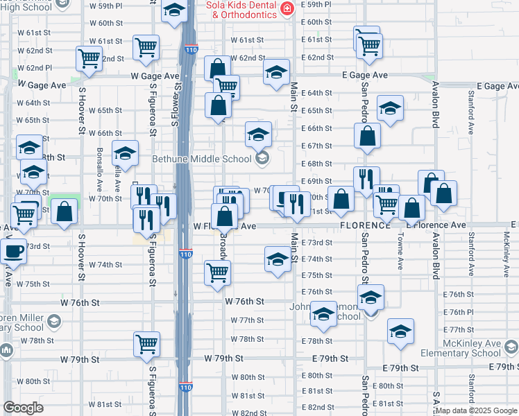 map of restaurants, bars, coffee shops, grocery stores, and more near 207 West Florence Avenue in Los Angeles