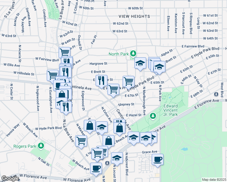 map of restaurants, bars, coffee shops, grocery stores, and more near 524 East Hyde Park Boulevard in Inglewood