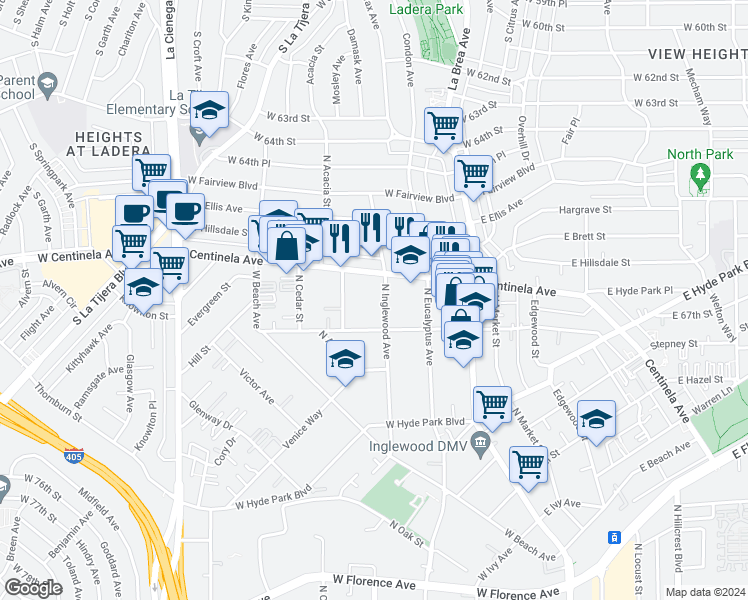 map of restaurants, bars, coffee shops, grocery stores, and more near 909 North Inglewood Avenue in Inglewood